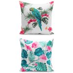 - K2liSet901v2463 - Realhomes 2'li Tropik Yaprak Tasarımlı & Papağan Motifli Yastık Kırlent Kılıf Seti Realhomes