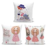 - K3luset2180v2182v2183 - Realhomes 3'lü Best Friends Kıvırcık Saçlı Kız Motifli Yastık Kırlent Kılıf Seti Realhomes