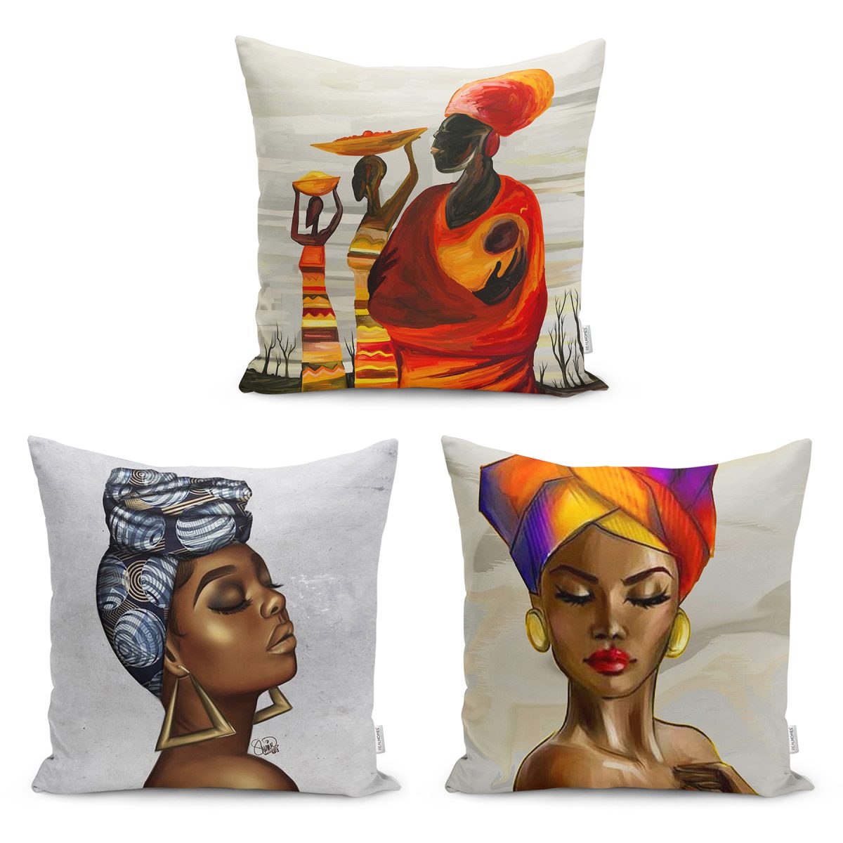 3'lü Etnik Afrika Kadın Tasarımlı Modern Yastık Kırlent Kılıf Seti Realhomes
