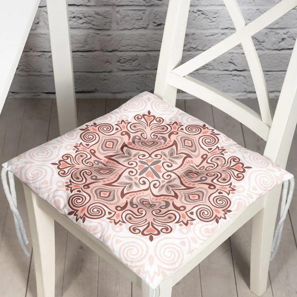 - P148-Gorsel - Realhomes  Damask Resimli Pofuduk Kare Sandalye Minderi 40x40cm Düğmeli Realhomes