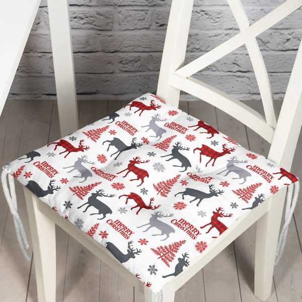 - P3035-Gorsel - Realhomes  Yılbaşı Geyik ve Ağaçlar Temalı Dekoratif Pofuduk Sandalye Minderi Realhomes