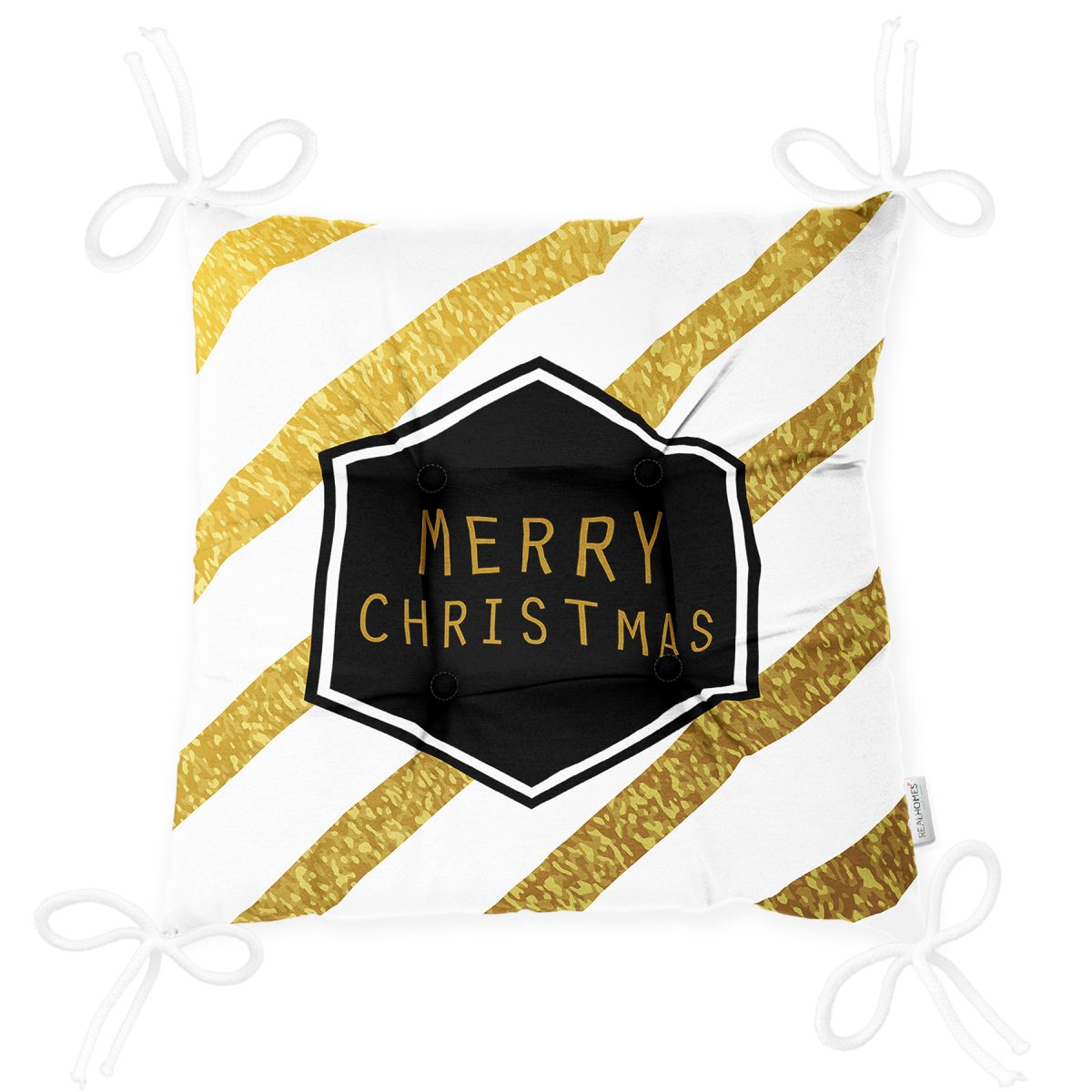 Altın Şeritli Merry Christmas Desenli Dekoratif Pofuduk Sandalye Minderi Realhomes