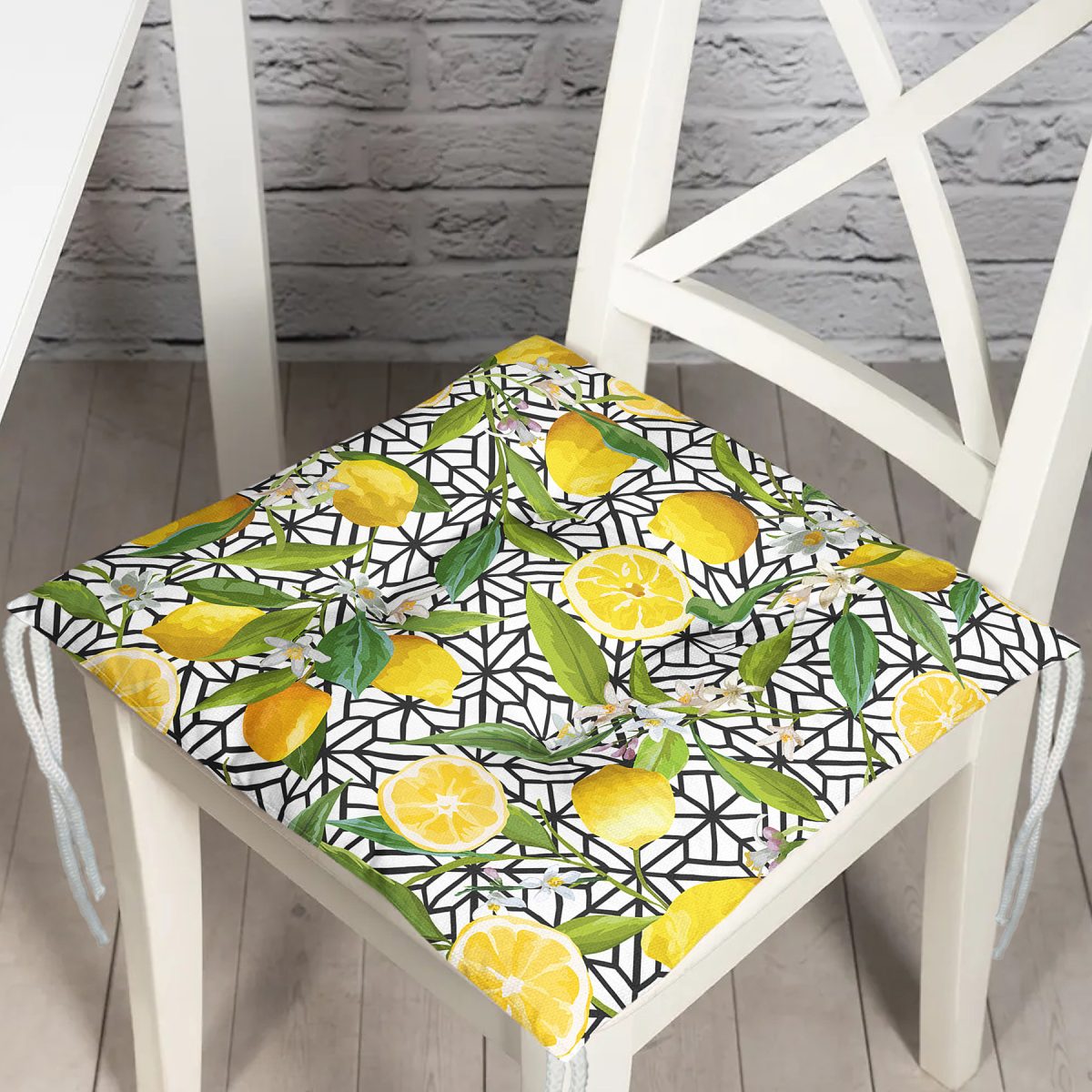 Geometrik ve Limon Desenli 3D Dijital Baskılı Pofuduk Sandalye Minderi Realhomes