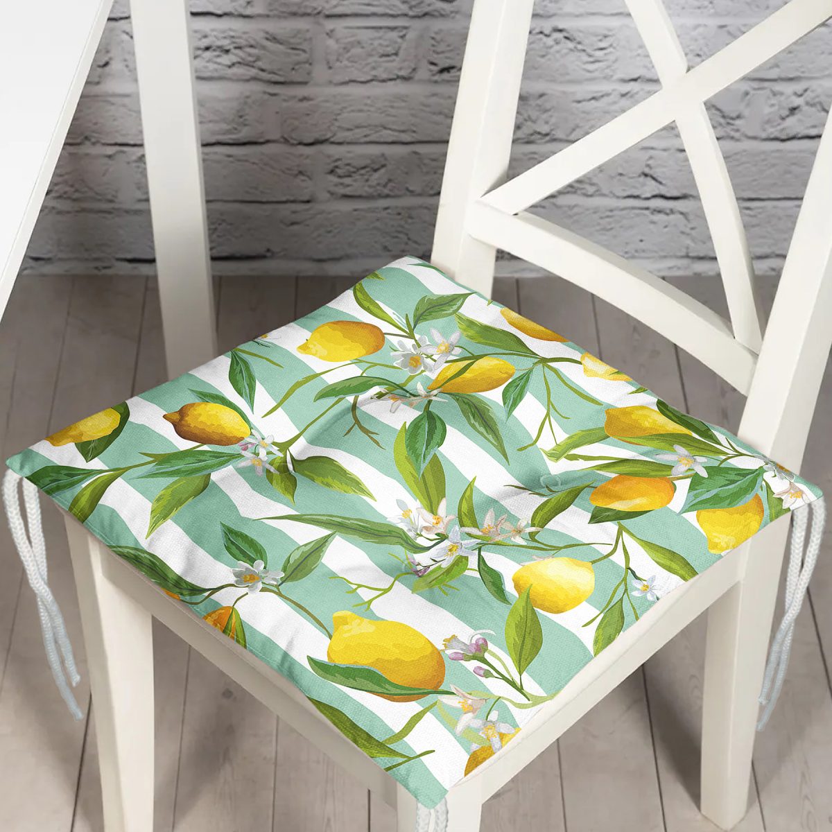 Yeşil Çizgili Limon Desenli Dijital Baskılı Dekoratif Pofuduk Sandalye Minderi Realhomes