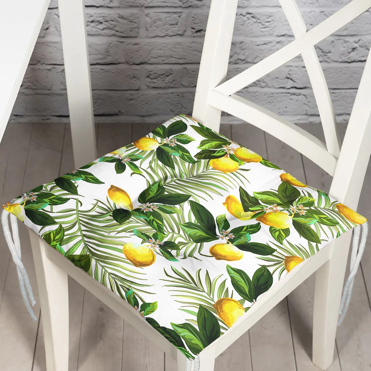 Limon Yaprakları Desenli Dijital Baskılı Pofuduk Sandalye Minderi Realhomes