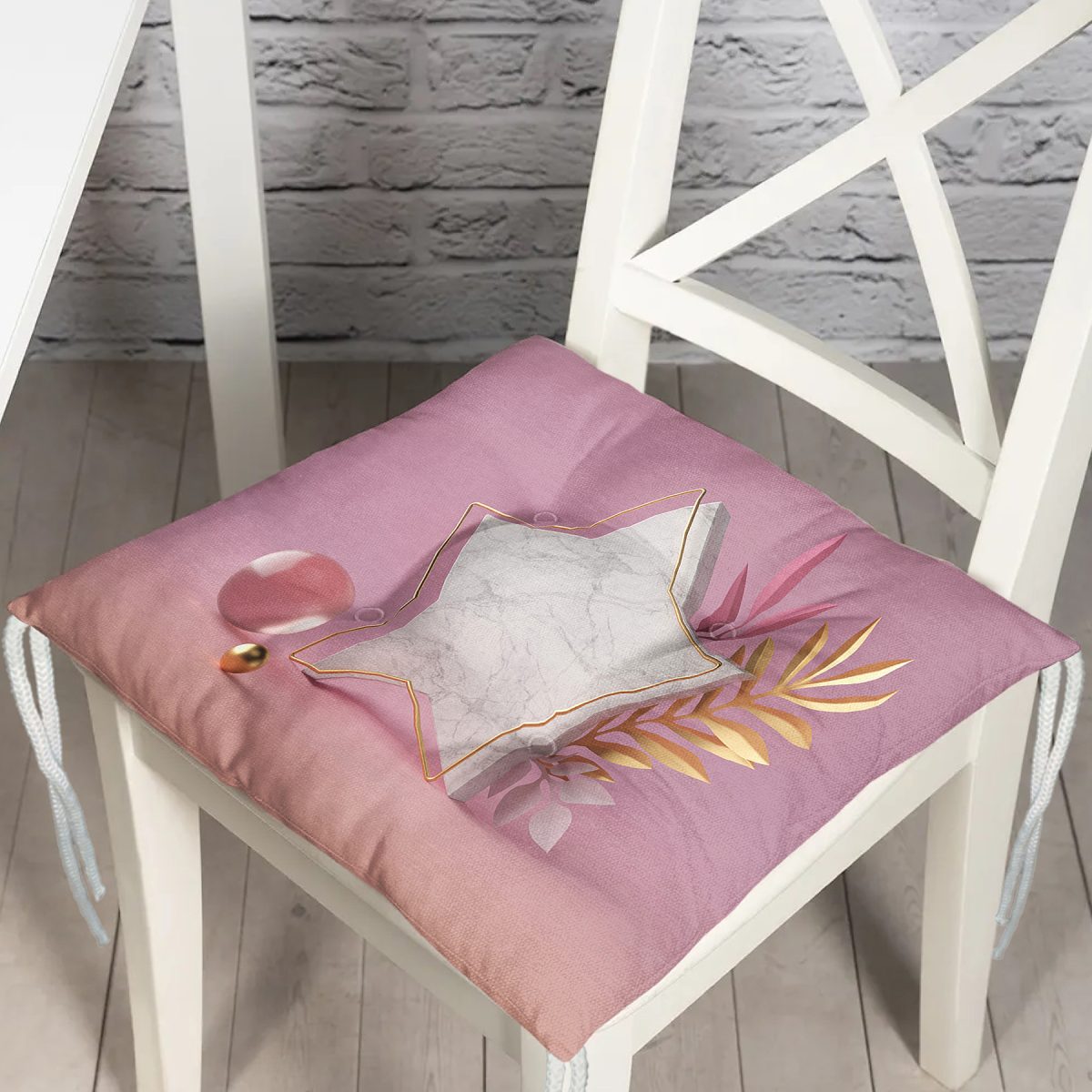 Modern Pembe Zeminli 3D Yıldız Desenli Dekoratif Pofuduk Sandalye Minderi Realhomes