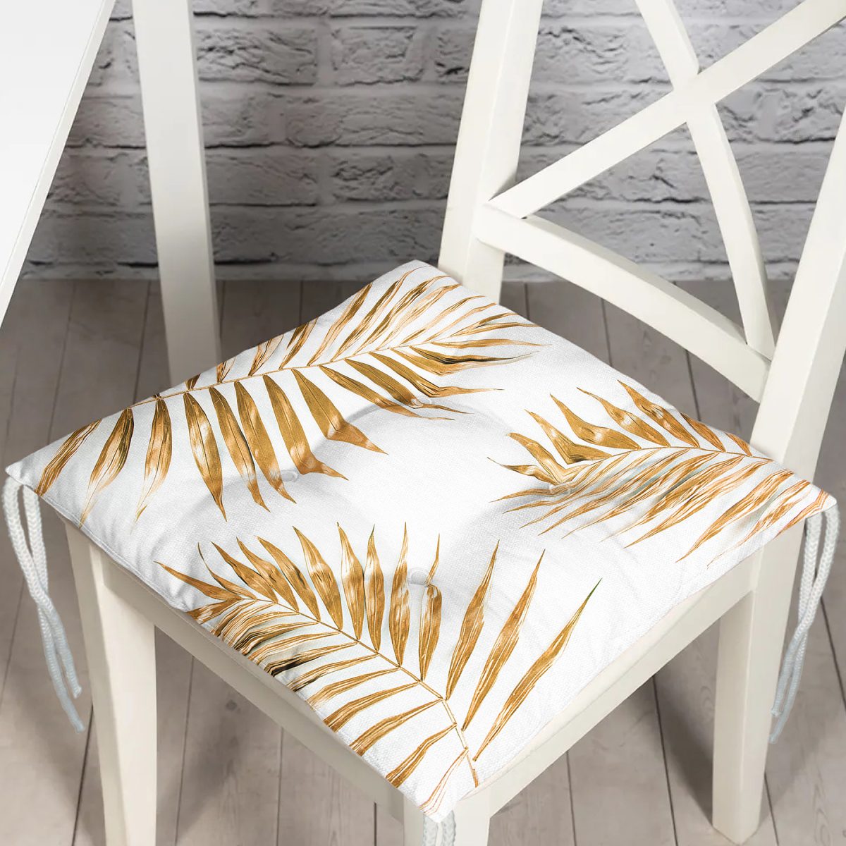Altın Renkli Palmiye Yaprakları Dijital Baskılı Pofuduk Sandalye Minderi Realhomes