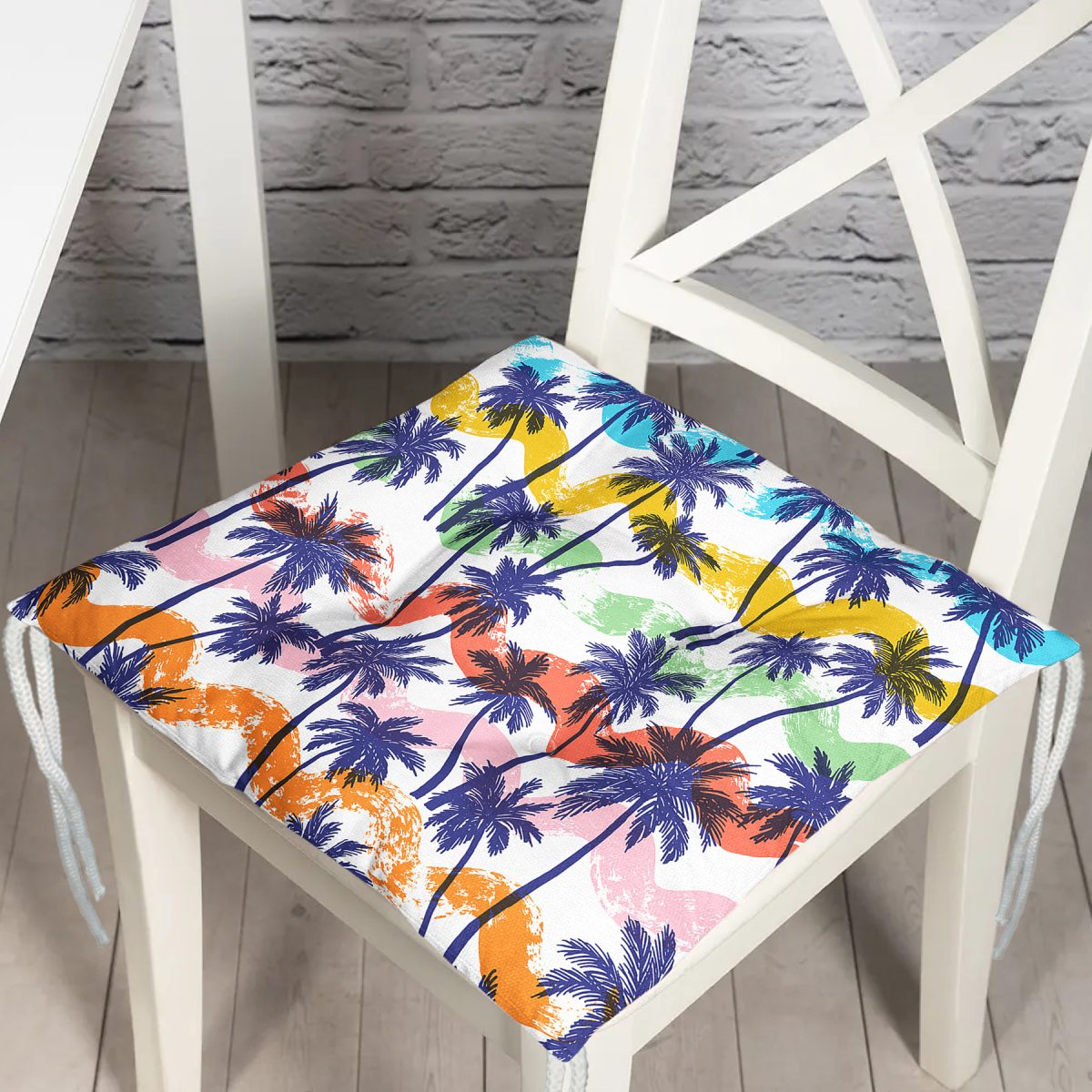 Renkli Palmiyeler Özel Tasarım Dekoratif Pofuduk Sandalye Minderi Realhomes
