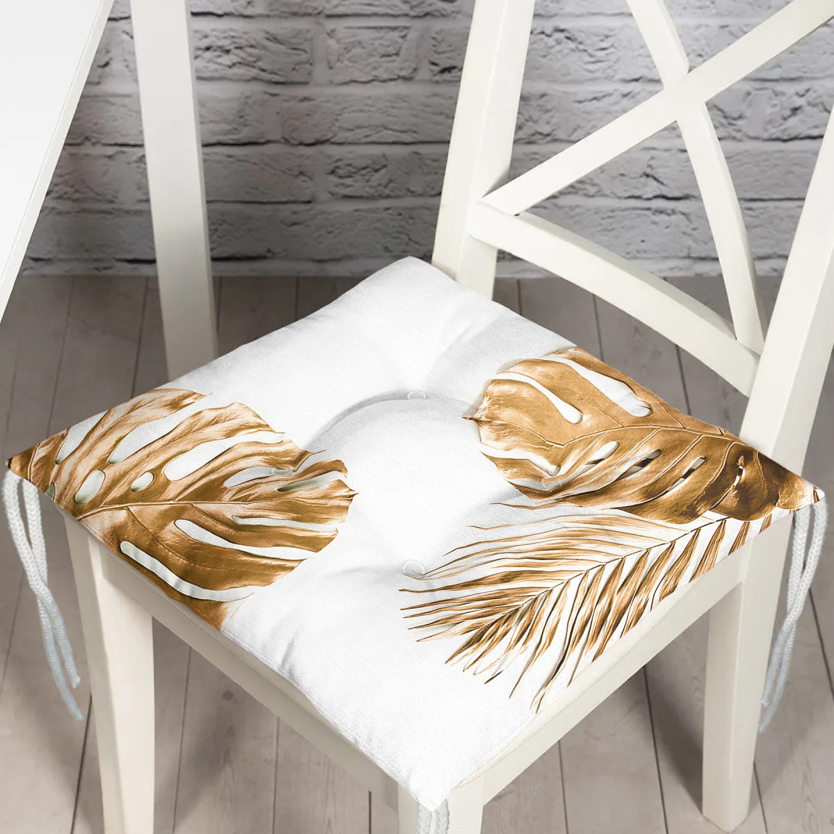 3D Altın Renkli Palmiye Yaprakları Desenli Dekoratif Pofuduk Sandalye Minderi Realhomes