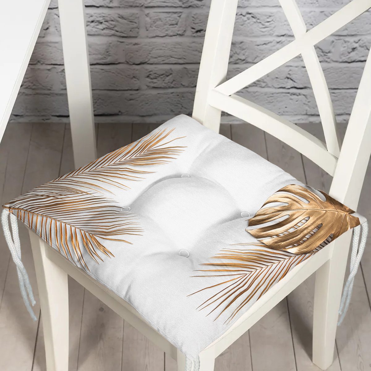 Altın Renkli 3D Palmiye Yaprakları Modern Pofuduk Sandalye Minderi Realhomes