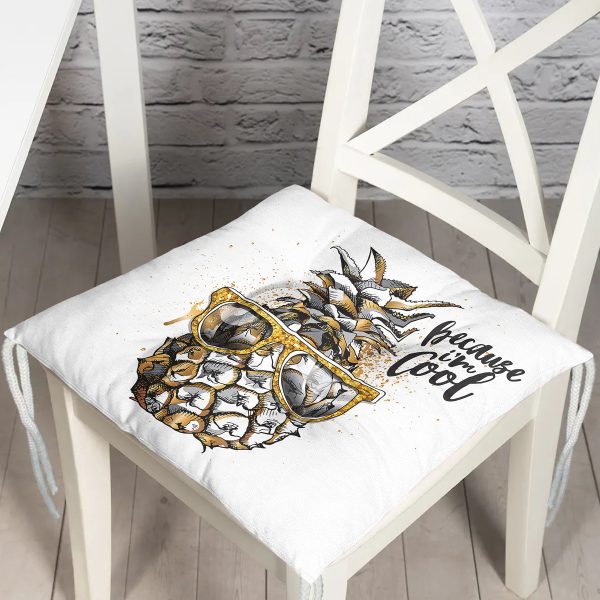 - P3220-Gorsel - Realhomes  Beyaz Zeminde 3D Ananas Özel Tasarımlı Pofuduk Sandalye Minderi Realhomes