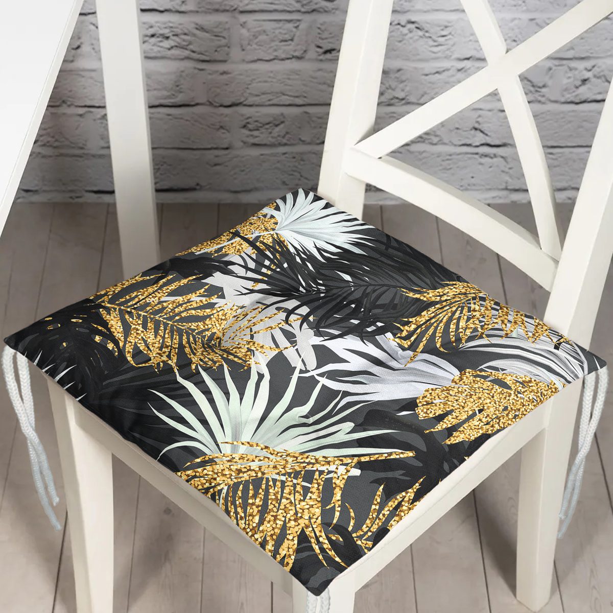 Siyah Zeminde Palmiye Yaprakları Özel Tasarım Pofuduk Sandalye Minderi Realhomes