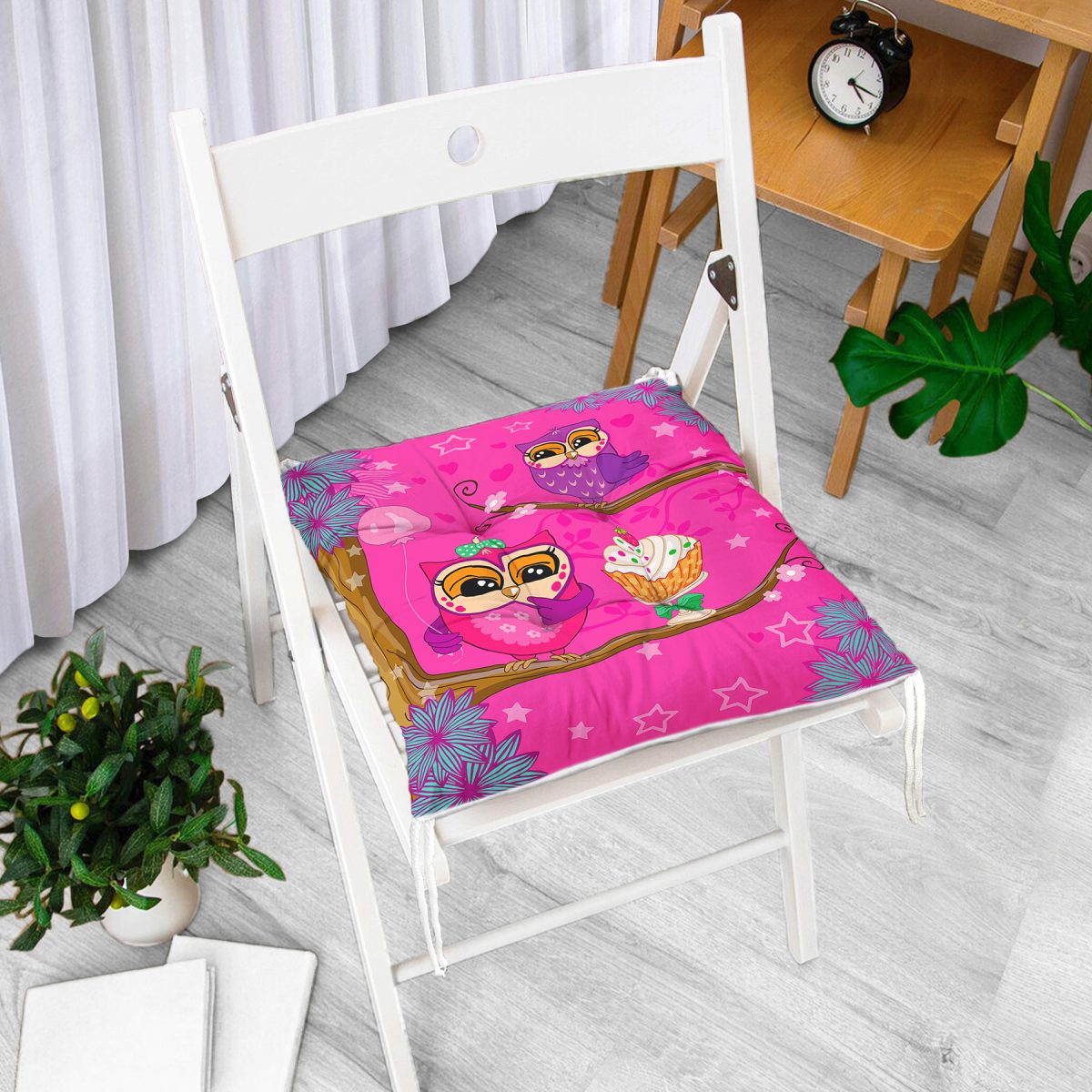 Çocuk Odası Pembe Baykuş Tasarımlı Pofuduk Sandalye Minderi Realhomes