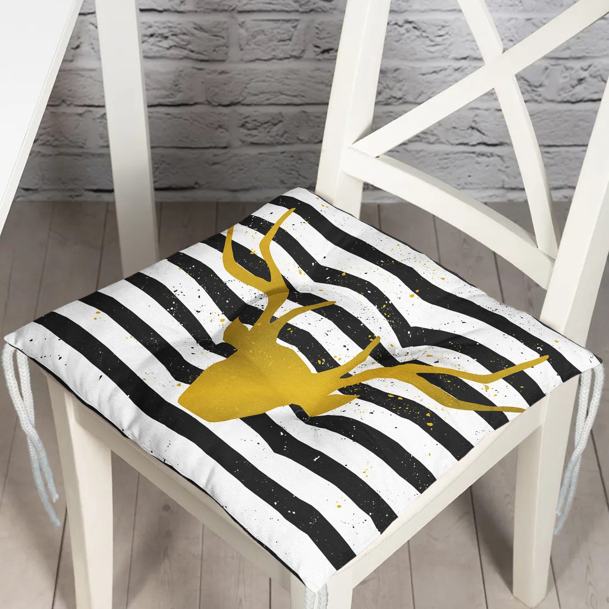 Çizgili Gold Geyik Desenli Modern Pofuduk Sandalye Minderi Realhomes