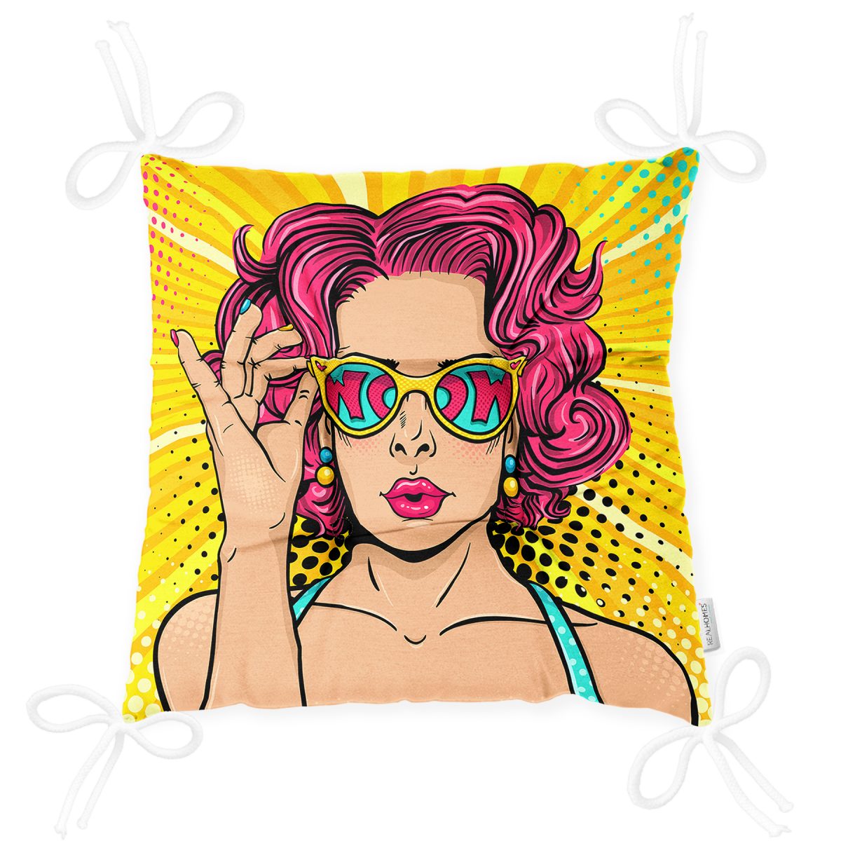 Sarı Zeminli Pop Art Girl Desenli Dekoratif Pofuduk Sandalye Minderi Realhomes