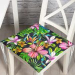 Lacivert Zeminli Tropikal Desenli Dijital Baskılı Pofuduk Sandalye Minderi Realhomes