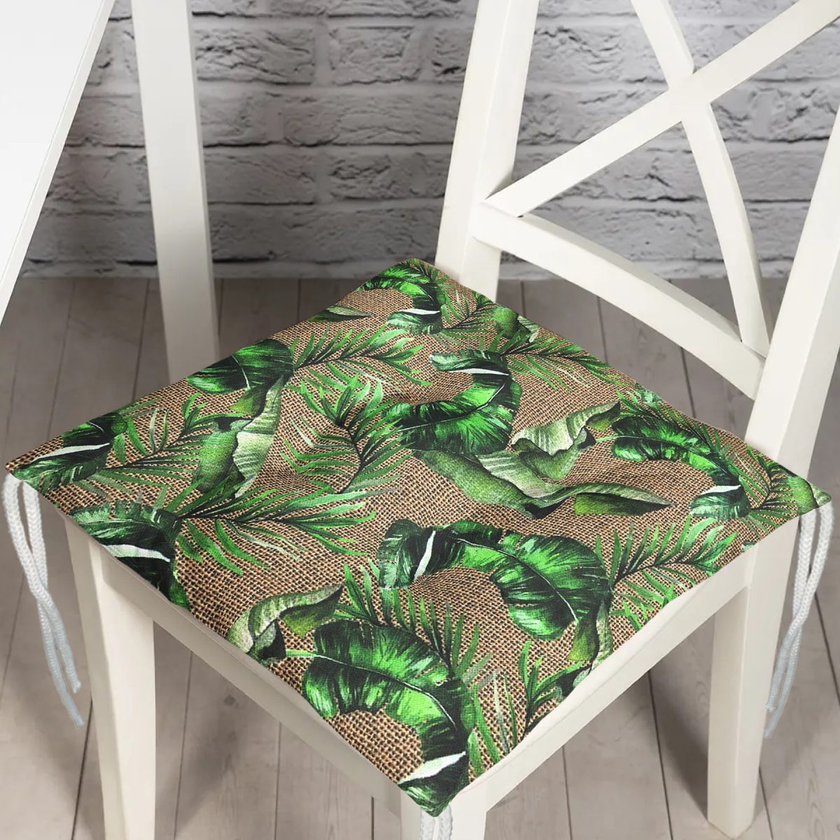 Çuval Zeminde Yeşil Yaprak Desenli Özel Tasarım Pofuduk Sandalye Minderi Realhomes