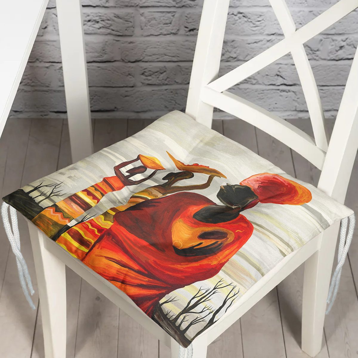 Afrikan Yağlı Boya Çizimli 3D Dekoratif Pofuduk Sandalye Minderi Realhomes