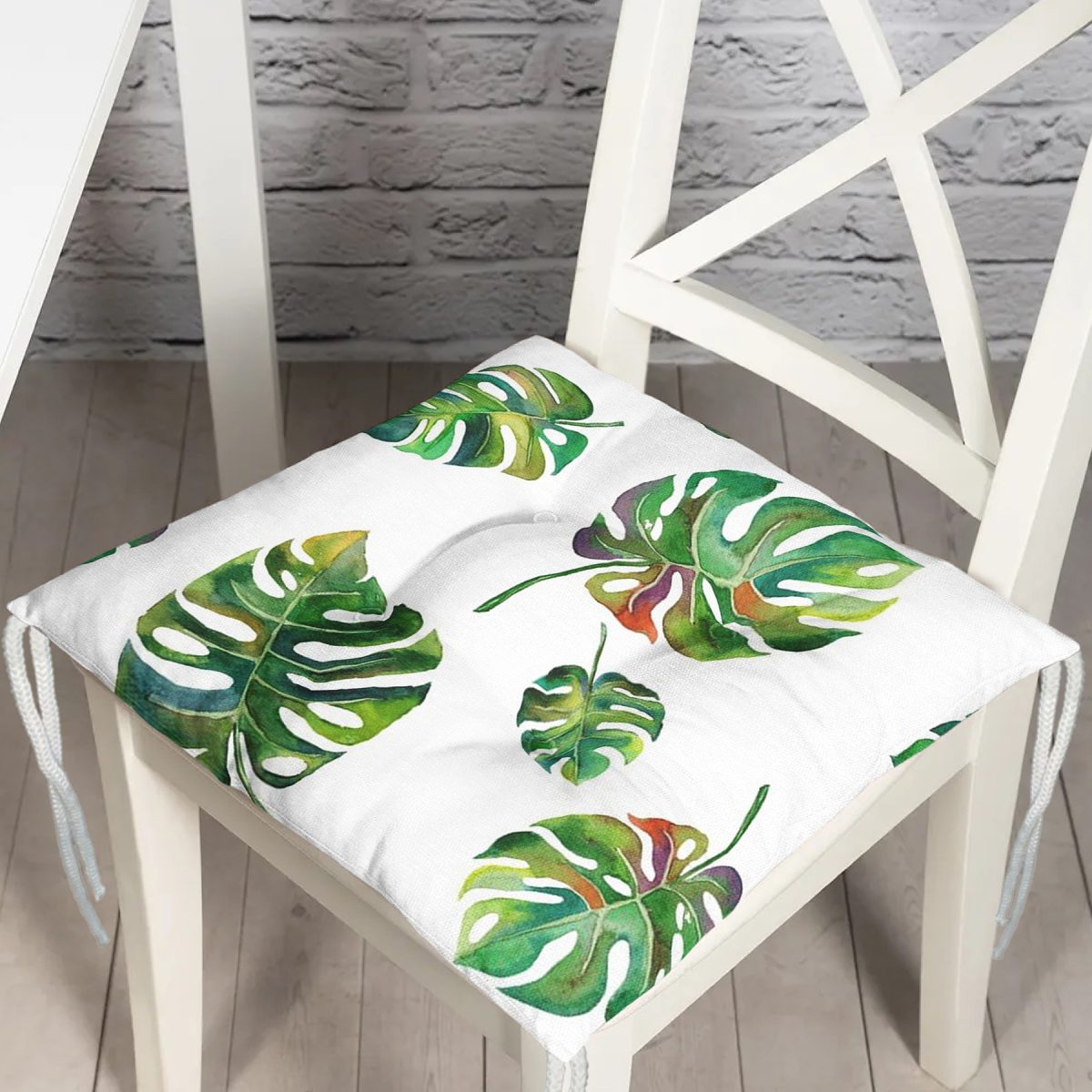 Suluboya Palmiye Yaprakları Desenli Özel Tasarım Pofuduk Sandalye Minderi Realhomes
