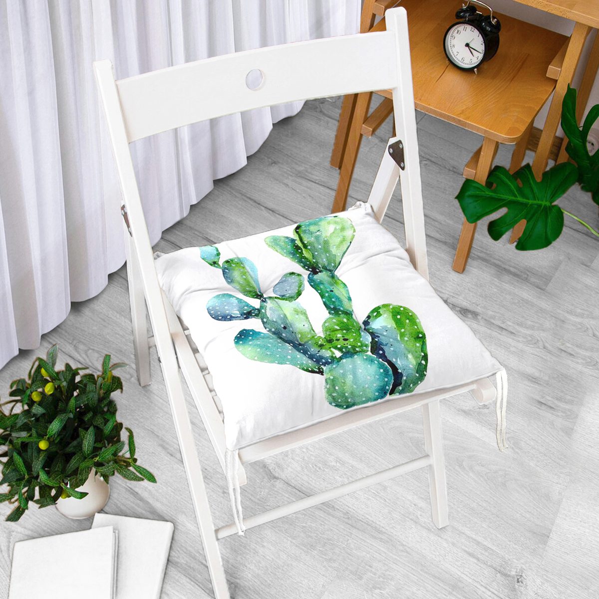 Suluboya Kaktüs Çizimli Modern Tasarım 3D Pofuduk Sandalye Minderi Realhomes