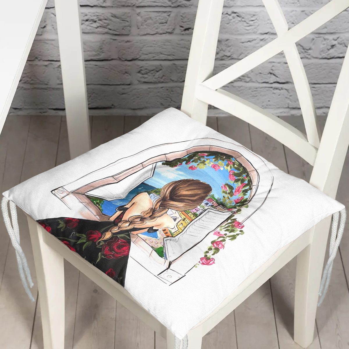 Mutluluk Manzarası Suluboya Çizimli Özel Tasarım Dekoratif Pofuduk Sandalye Minderi Realhomes