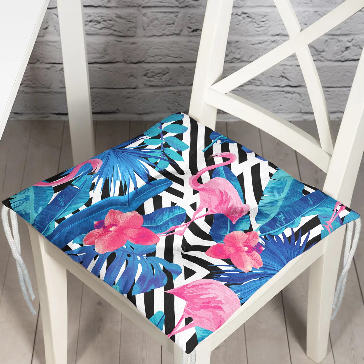 Geometrik Mavi Pempe Flamingo Tasarımlı Dijital Baskılı Pofuduk Sandalye Minderi Realhomes