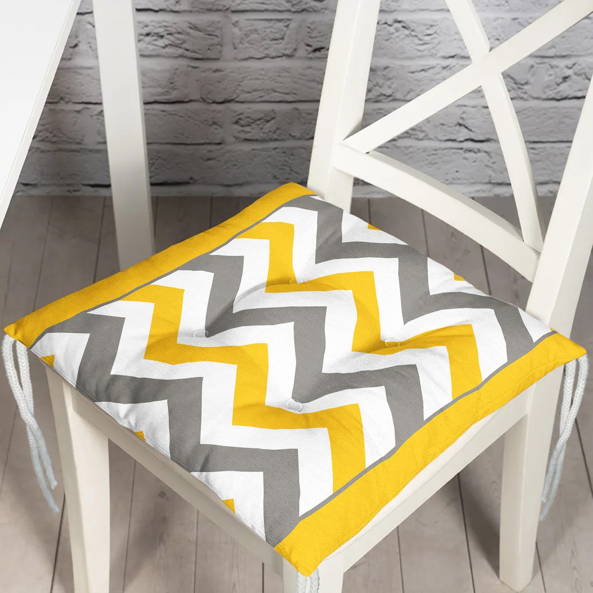 Sarı Gri Zigzag Desenli Dijital Baskılı Pofuduk Sandalye Minderi Realhomes