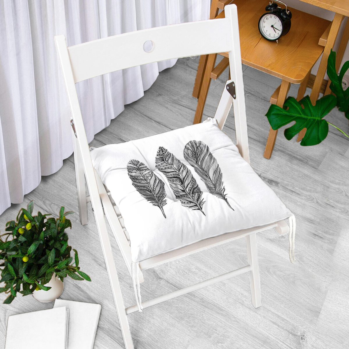 Karakalem Tüy Desenli Dikital Baskılı Modern Pofuduk Sandalye Minderi Realhomes