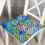 - P3461-Gorsel - Realhomes Geometrik Zeminli Mavi Kelebek Baskılı Pofuduk Sandalye Minderi Realhomes