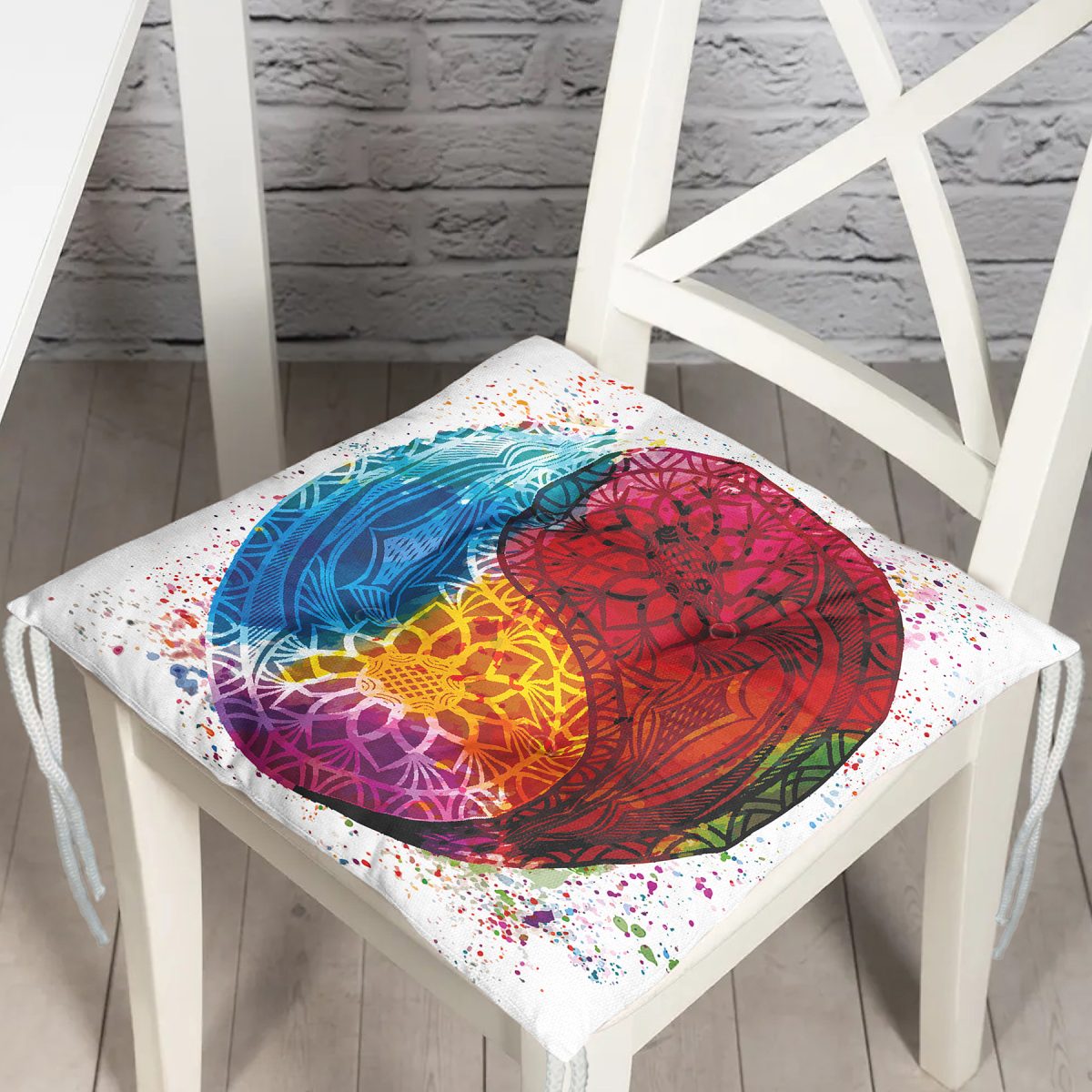 Renkli Uzak Doğu Denge İkonlu Dijital Baskılı Dekoratif Pofuduk Sandalye Minderi Realhomes