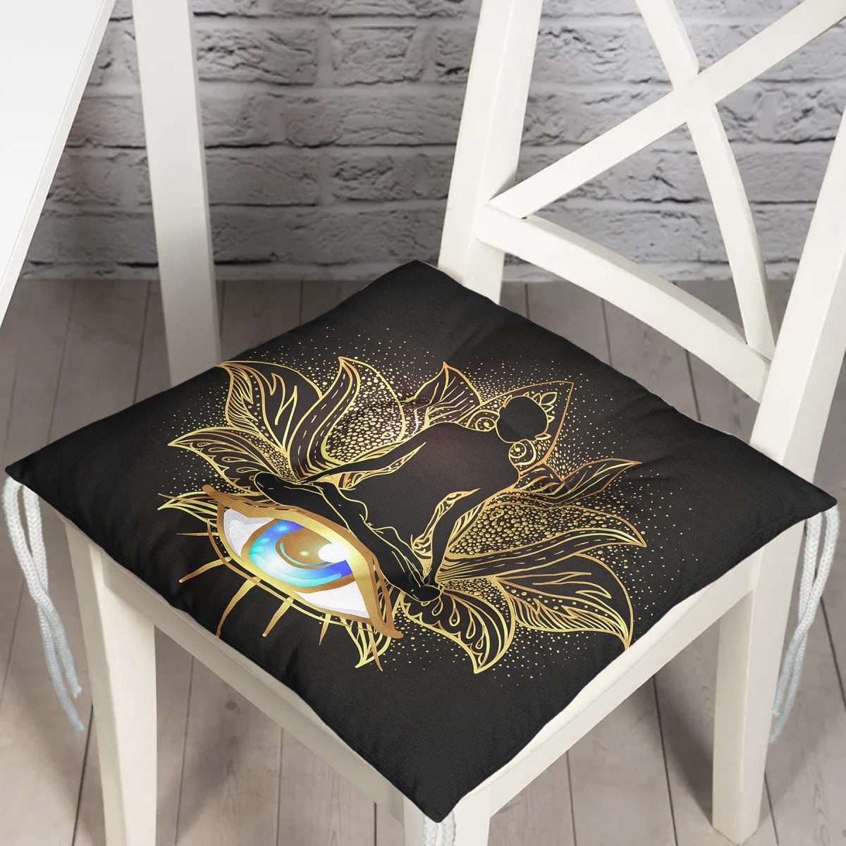 Altın Motifli Yoga Ve Mavi Göz Desenli Özel Tasarım Dijital Baskılı Pofuduk Sandalye Minderi Realhomes