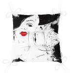 - P5083-Gorsel-2 - Realhomes Kırmızı Rujlu Siyah Beyaz Fashion Girl Motifli Pofuduk Sandalye Minderi Realhomes