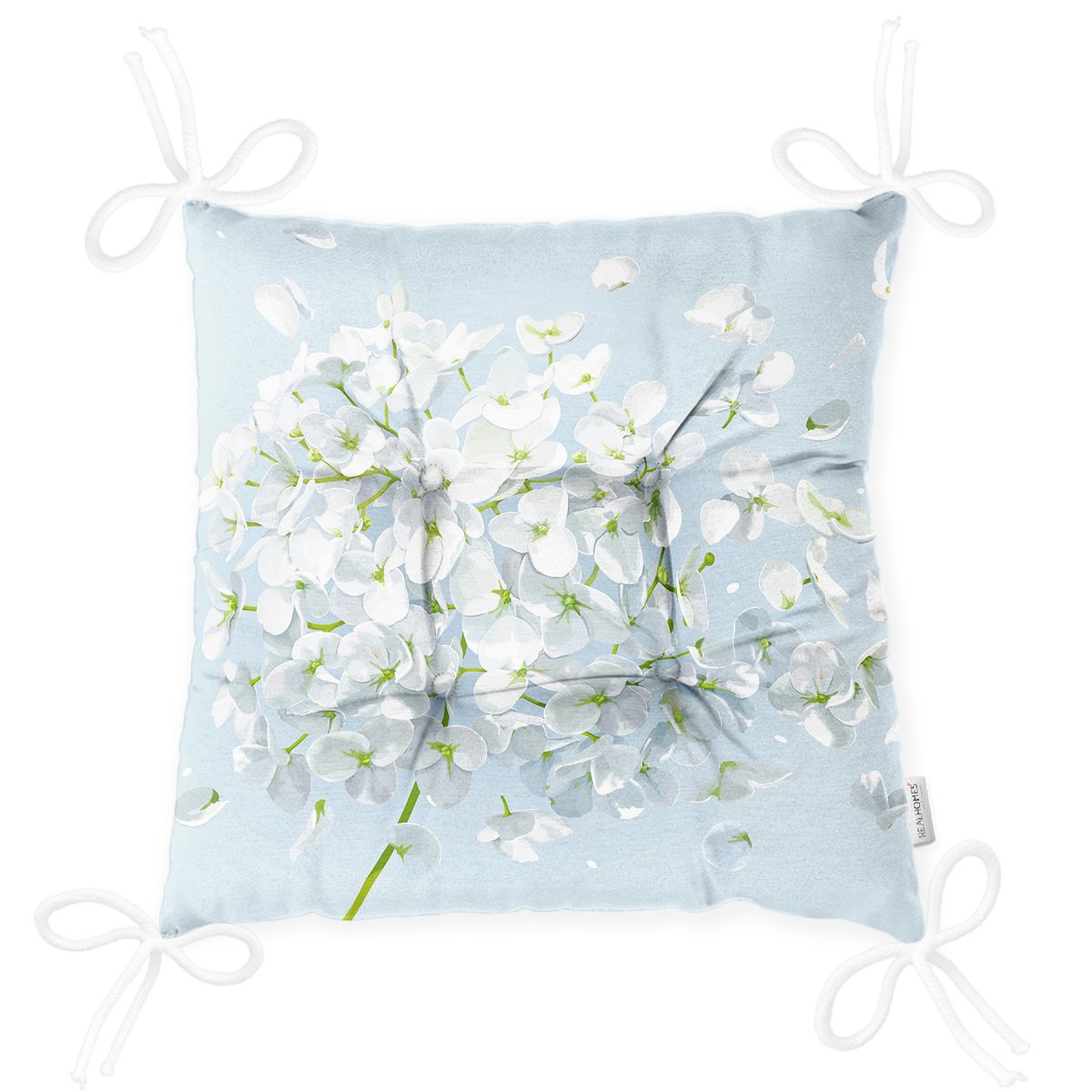 Mavi Zeminde Beyaz Ortanca Çiçeği Baskılı Pofuduk Sandalye Minderi Realhomes