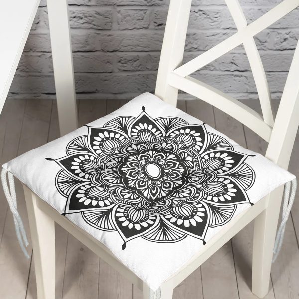 Siyah Zeminde Beyaz Mandala Desenli Dekoratif Pofuduk Sandalye Minderi Realhomes