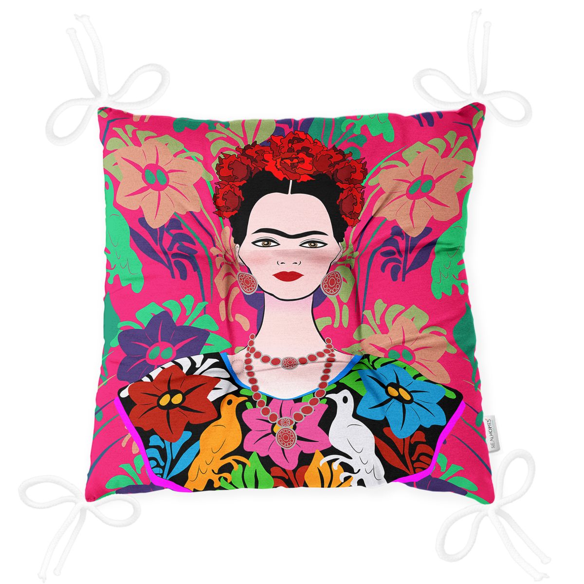 Fuşya Zeminde Frida Kahlo Motifli Özel Tasarım Pofuduk Sandalye Minderi Realhomes