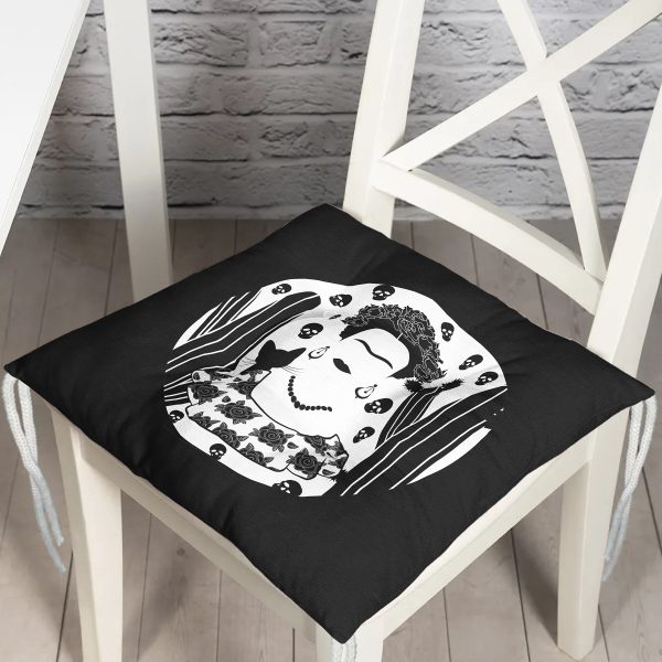 - P5215-Gorsel - Realhomes  Fuşya Zeminde Frida Kahlo Motifli Özel Tasarım Pofuduk Sandalye Minderi Realhomes