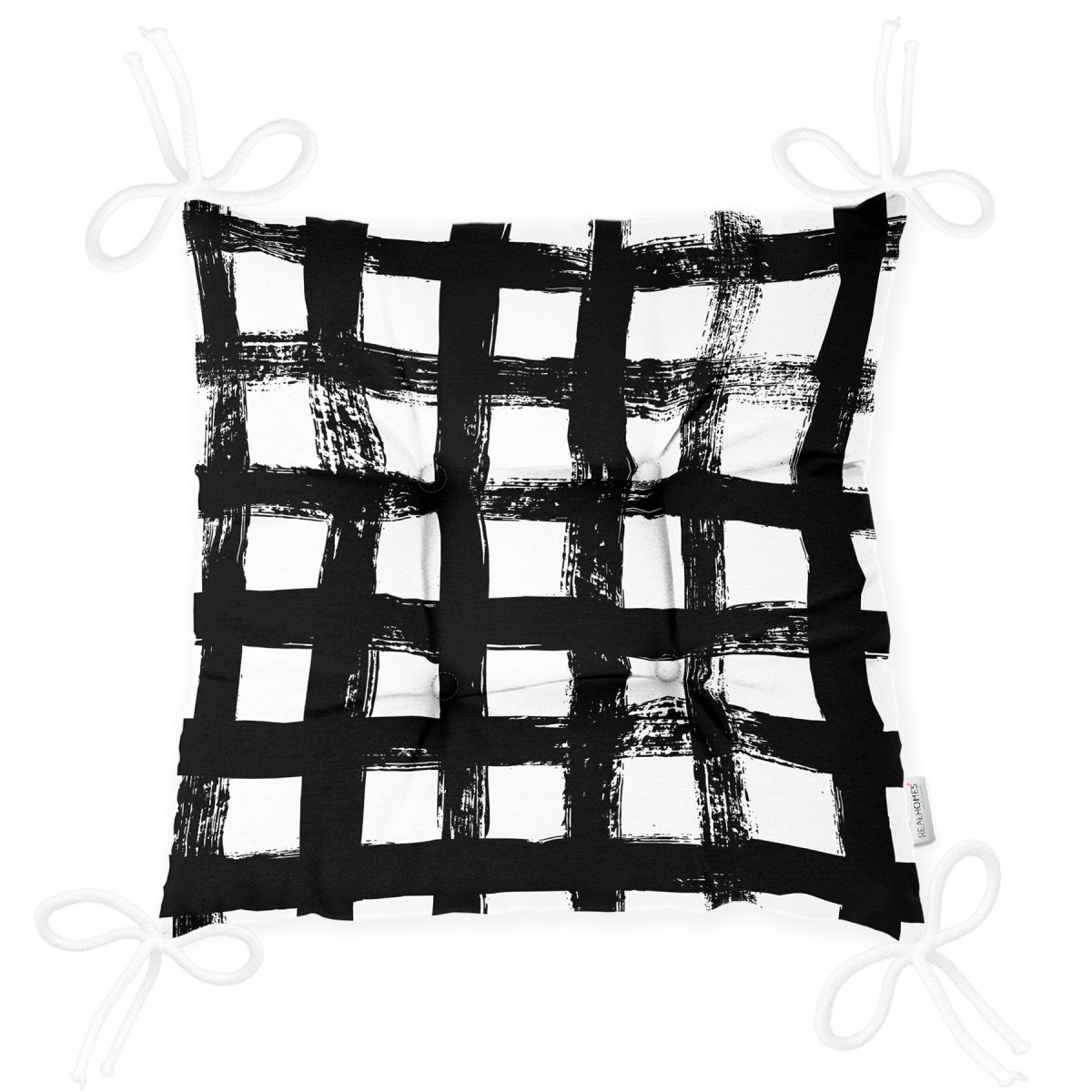 Siyah Zeminde Geometrik Kare Motifli Dekoratif Pofuduk Sandalye Minderi Realhomes