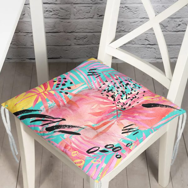 - P5256-Gorsel - Realhomes  Beyaz Zeminde Mavi Ve Turuncu Yaprak Desenli Pofuduk Sandalye Minderi Realhomes