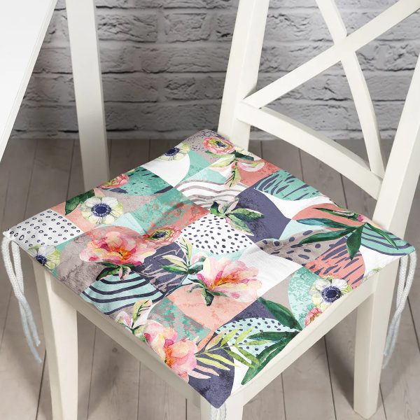 Gri Zemin Üzerinde Soyut Yaprak Çizimli Modern Özel Tasarım Pofuduk Sandalye Minderi Realhomes