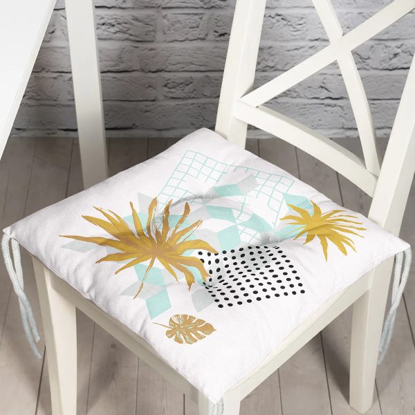 - P5346-Gorsel - Realhomes  Altın Çizim Yaprak Desenli Özel Tasarım Pofuduk Sandalye Minderi Realhomes