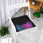 - P5521-Gorsel-1 - Realhomes  Siyah Zeminli Tropik Yapraklı Özel Tasarım Dekoratif Pofuduk Sandalye Minderi Realhomes