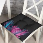 - P5521-Gorsel - Realhomes  Siyah Zeminli Tropik Yapraklı Özel Tasarım Dekoratif Pofuduk Sandalye Minderi Realhomes