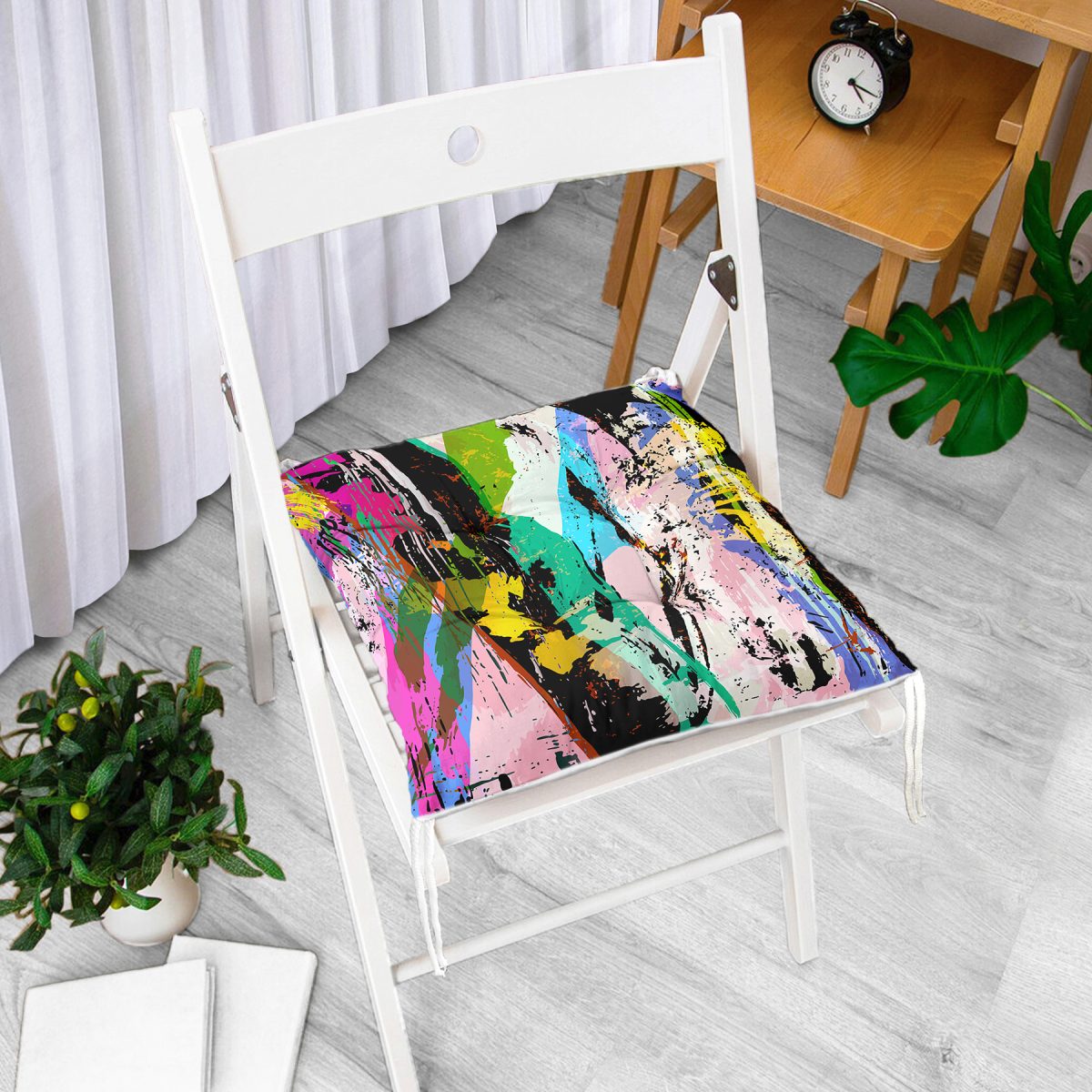 Renkli Sulu Boya Fırça Darbeli Motifli Modern Pofuduk Sandalye Minderi Realhomes