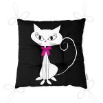 Siyah Zeminde Sevimli Beyaz Kedicik Özel Tasarımlı Pofuduk Sandalye Minderi Realhomes