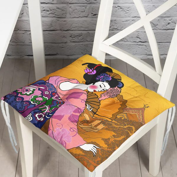 - P5791-Gorsel - Realhomes  Turuncu Zeminci Modern Japon Women Tasarımlı Dijital Baskılı Pofuduk Sandalye Minderi Realhomes