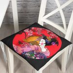 Çiçek Desenli Yelpazeli Japon Kız Motifli Modern Pofuduk Sandalye Minderi Realhomes