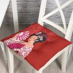 Kırmızı Zeminli Pembe Yelpazeli Japon Kız Dijital Baskılı Dekoratif Pofuduk Sandalye Minderi Realhomes