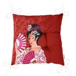 Kırmızı Zeminli Pembe Yelpazeli Japon Kız Dijital Baskılı Dekoratif Pofuduk Sandalye Minderi Realhomes