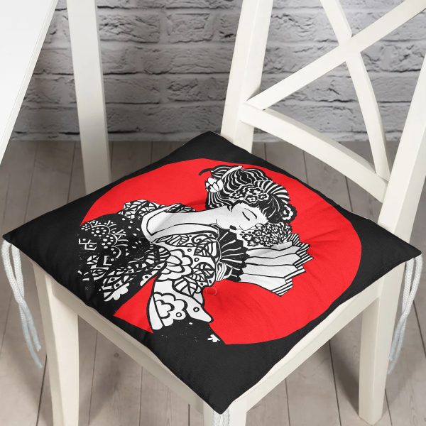 - P5804siyah-Gorsel - Realhomes  Siyah Zeminde Gri Japon Kız Motifli Dekoratif Pofuduk Sandalye Minderi Realhomes