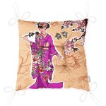 Çizgi Desen Zeminli Çiçekli Japon Kadın Motifli Modern Pofuduk Sandalye Minderi Realhomes